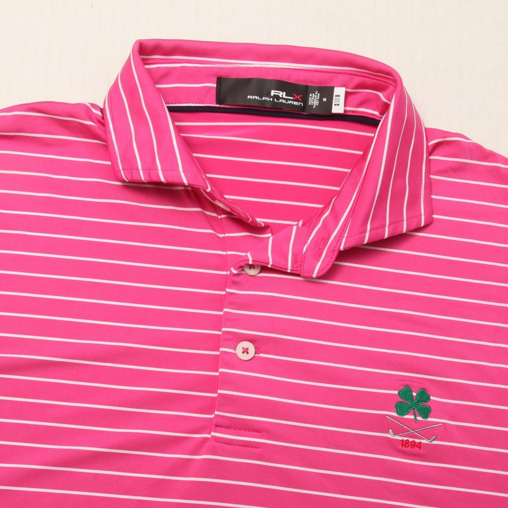 RLX Ralph Lauren Polo Shirt Mens Medium Pink Stripe Golf Mountain Ridge CC